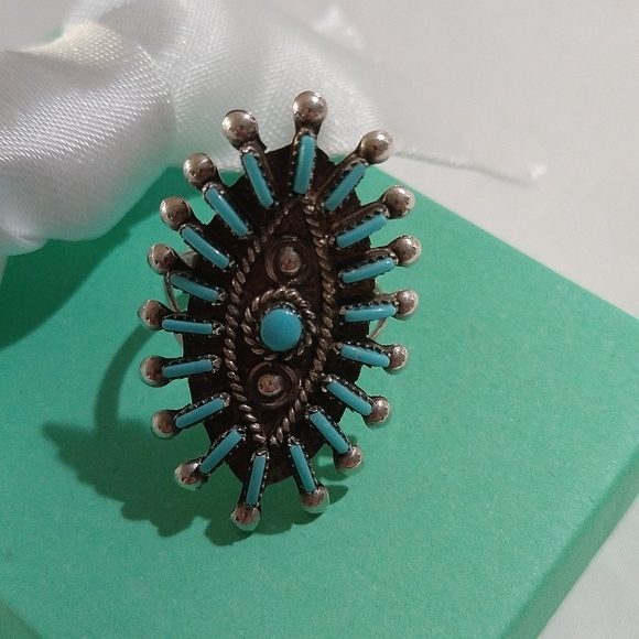 Sterling Silver Zuni Philander Gia Turquoise Petit Point Ring , Size 8.25 - Picture 3 of 9